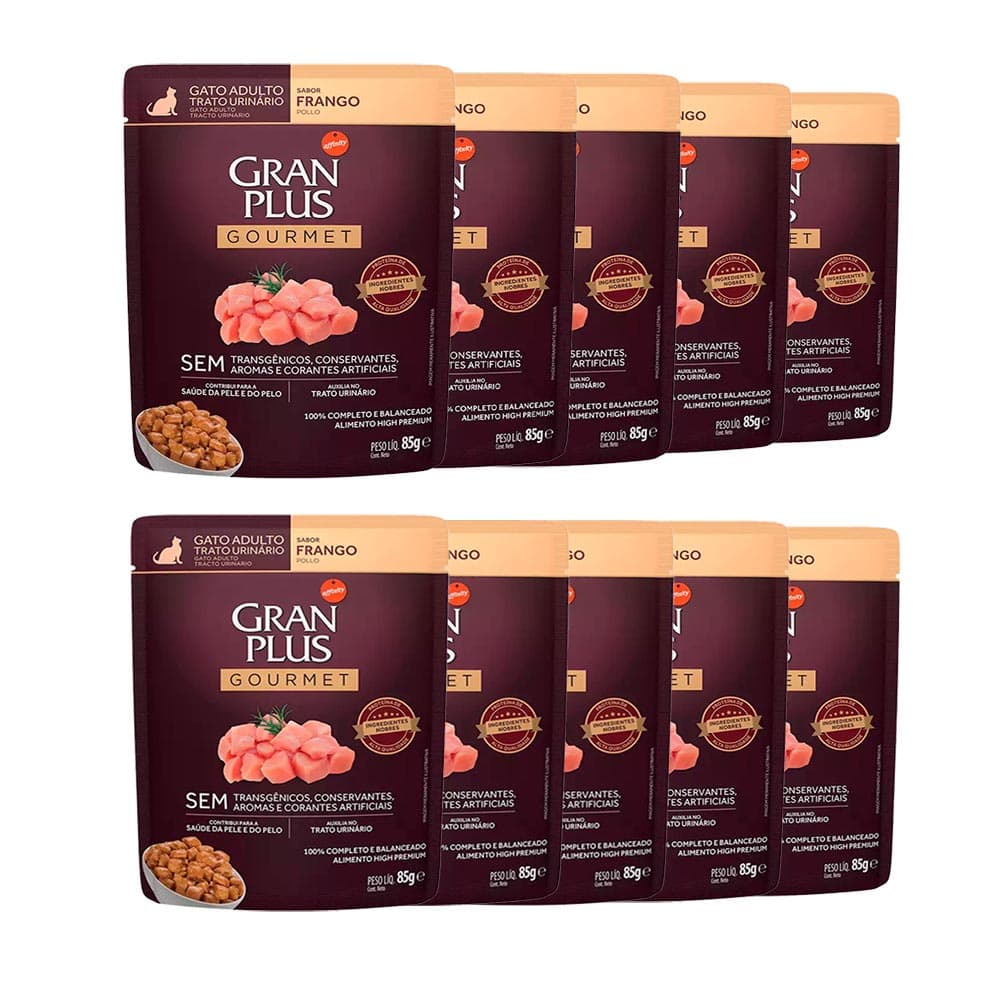 KIT 10 Ração Úmida Gran Plus Sachê Gatos Gourmet Trato Urinário Frango - 85g