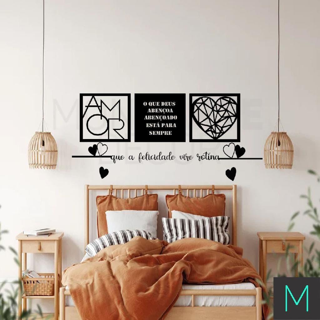 Kit 3 Quadros Casal Cabeceira + Frase  de parede Que a Felicidade vire rotina Decorativo Mdf