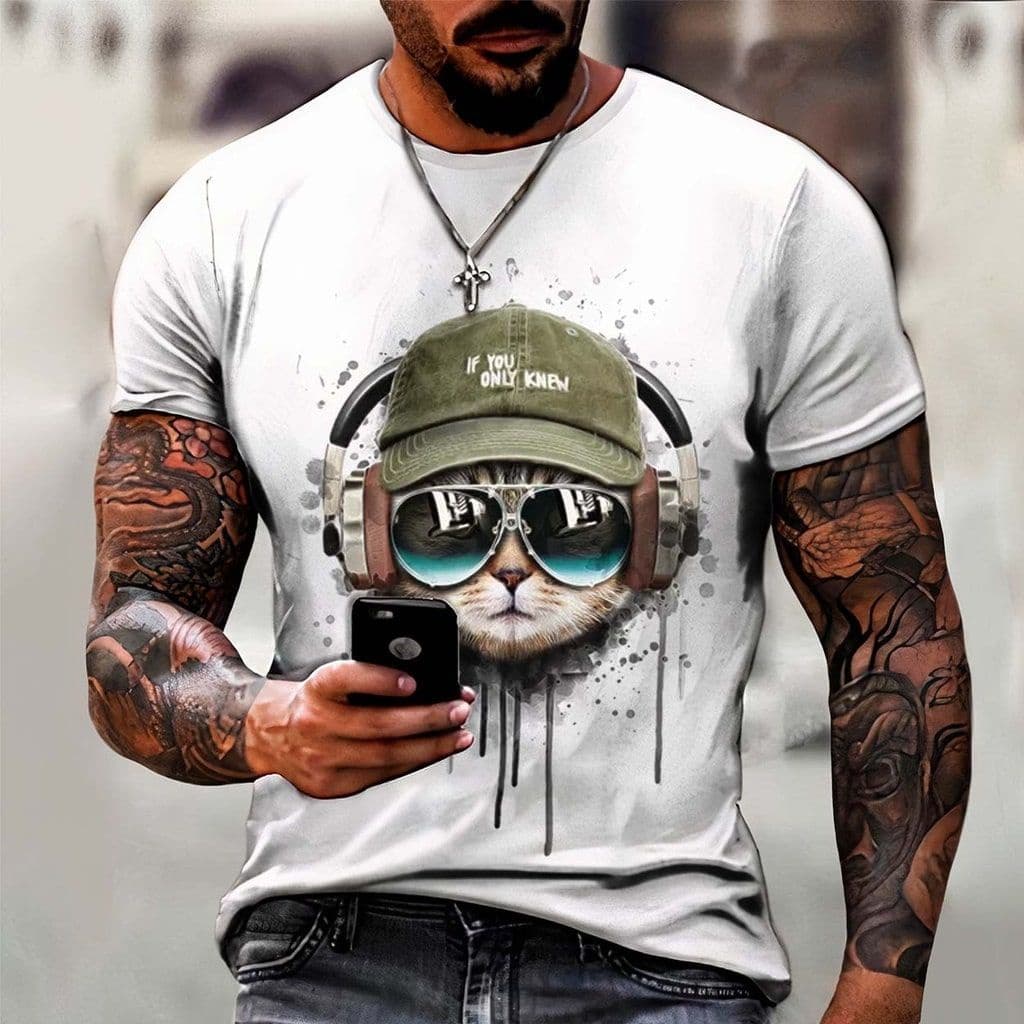 Camiseta Masculina Algodão 30.1 Estampada Gatinho Camisa Masculina
