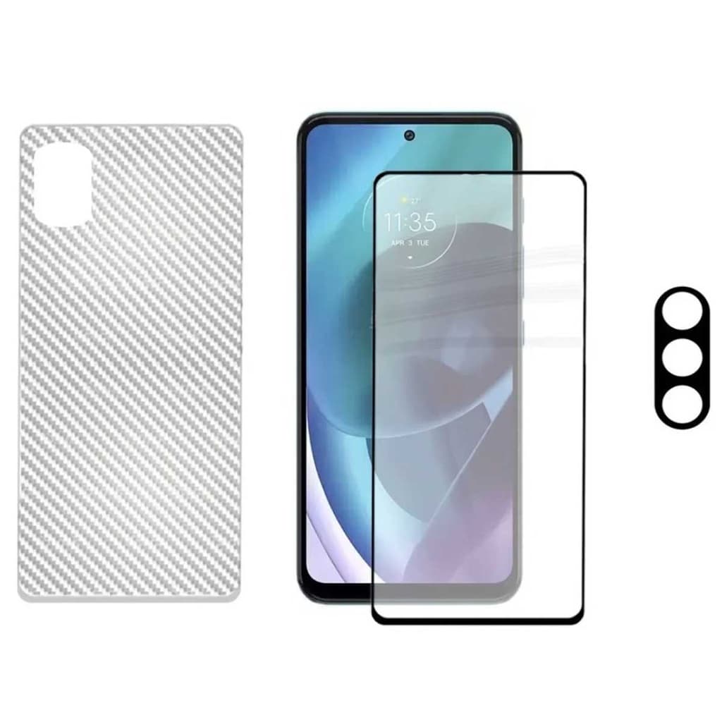 Kit 3x1 Película Frontal 5D Ceramica para Moto G71 + Película Traseira Fibra + Película de Câmera