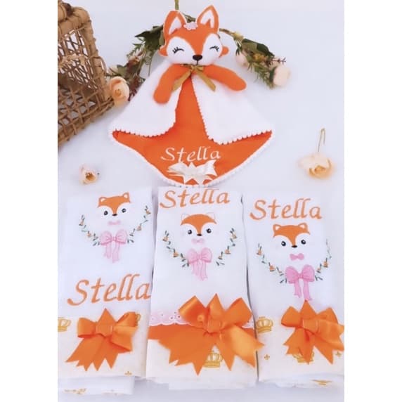 Kit fraldas e naninha tema raposa personalizado com nome