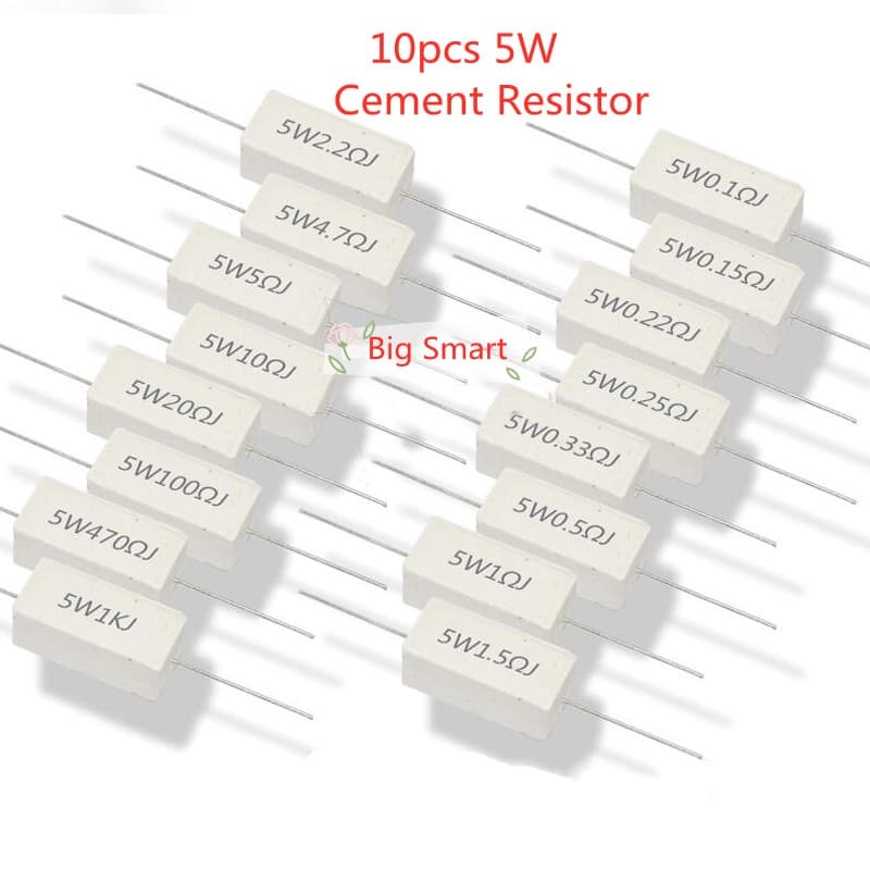 10 Pçs 5W 5 % Resistência À Energia Do Resistor De Cimento 0,1 ~ 10K 0,1r 0,5r 1R 10R 100R 0,22 0,33 0,5 1 2 5 8 10 15 20 25 30 100 1K 10K ohm