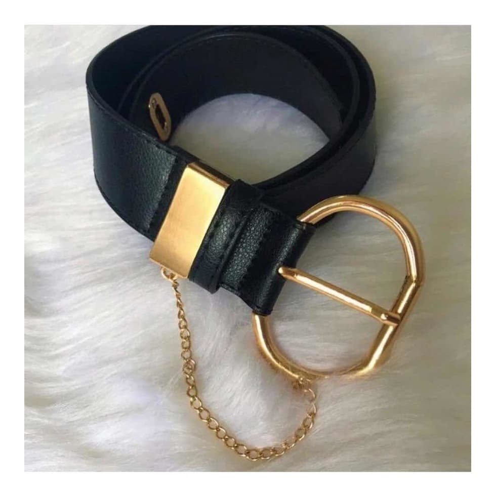 Cinto Feminino Estiloso Couro Corrente Preto