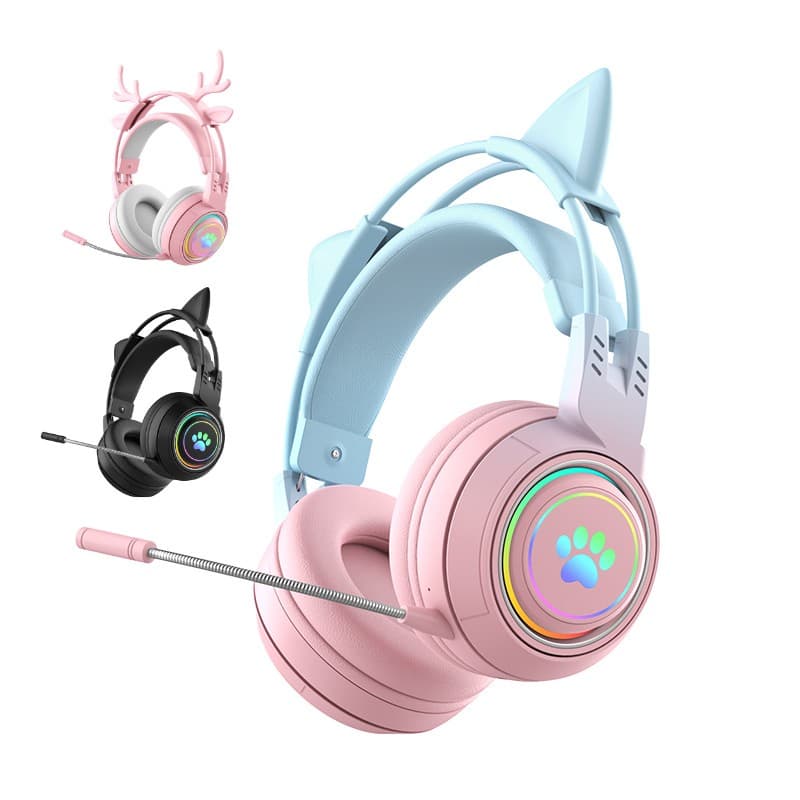 Cute Deer / Cat Ear Headphone Wireless hifi RGB Bluetooth 5.3 Kids Gaming Headset With Detachable Mic for Phone