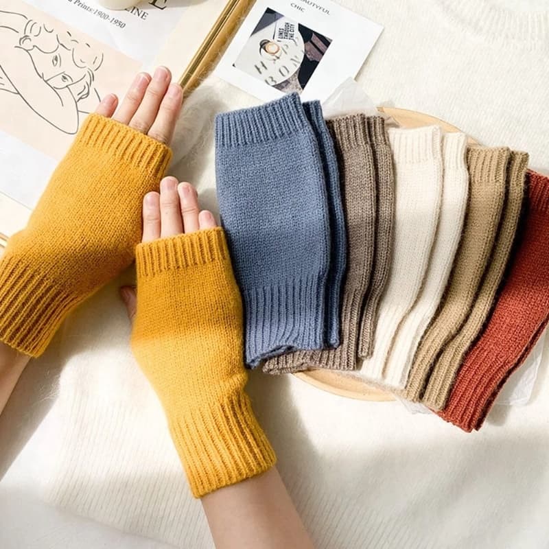 Luvas Elásticas Macias Touch Screen Sem Dedos Femininas Inverno Moda Térmica De Lã De Malha Trabalho Cor Sólida Quentes Pulso Abertas Dedo