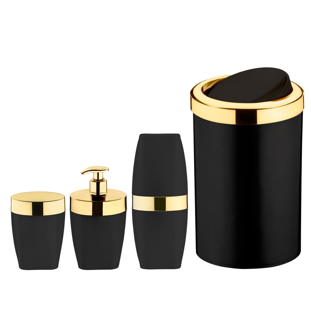 Kit Lixeira 8L Basculante Dispenser Sabonete Porta Escova Dente Algodão Preto Dourado Banheiro - Future