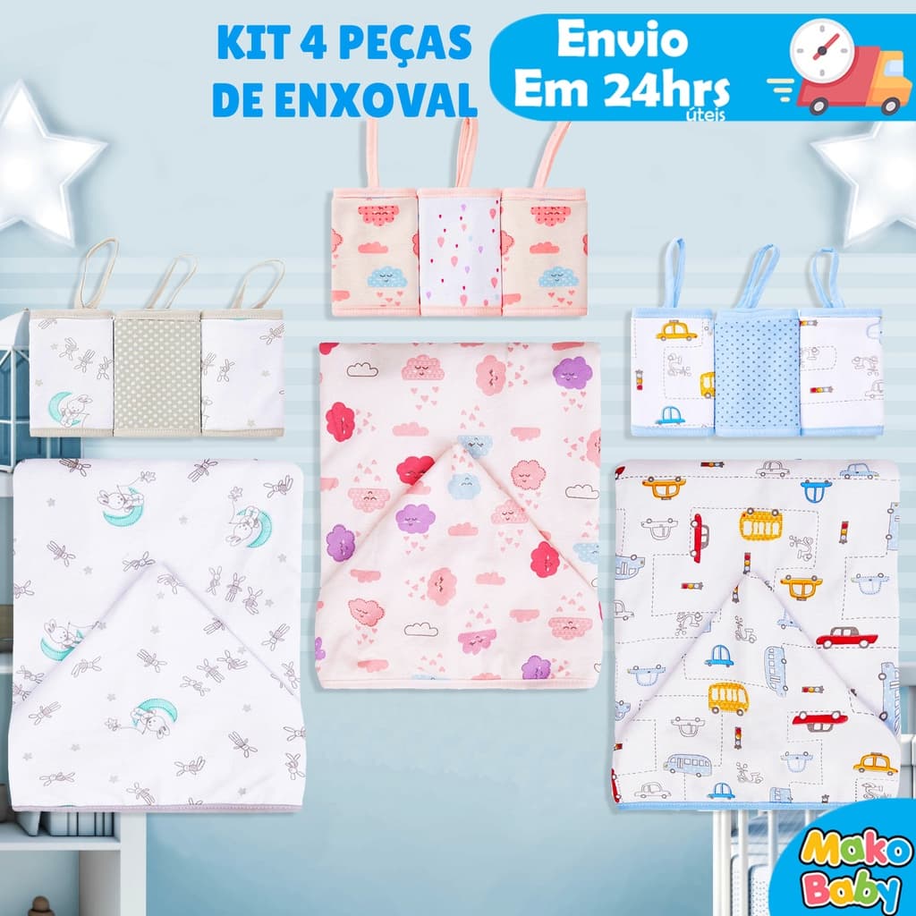 Kit 4 Peças Enxoval Bebê 1 Toalha de Banho Forrada c/ Capuz 3 Paninho de boca E Prendedor de Chupeta
