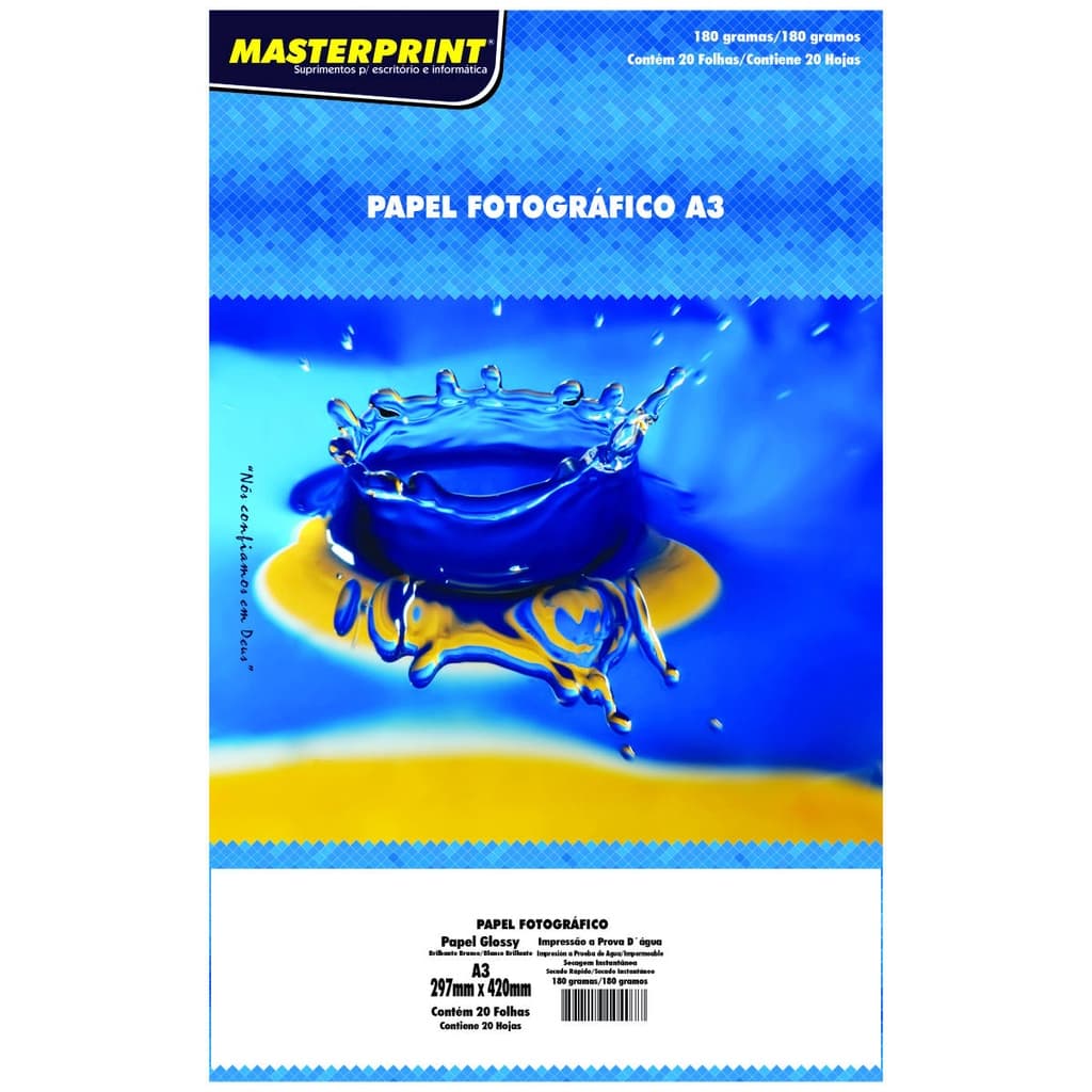 Papel Glossy 180g A3 Fotográfico Branco Brilhante Masterprint com 20 Folhas