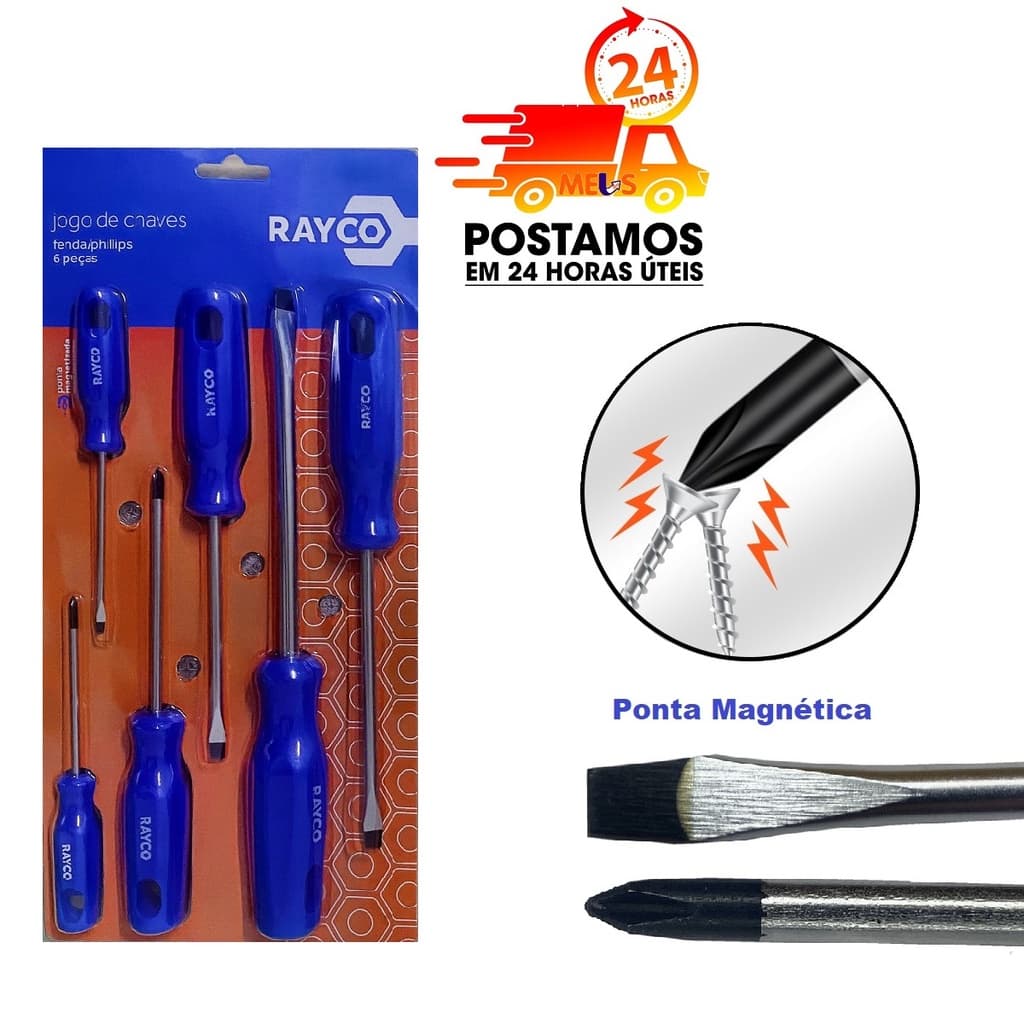 Jogo de Chave de Fenda e Philips com 06 Peças Rayco 12406