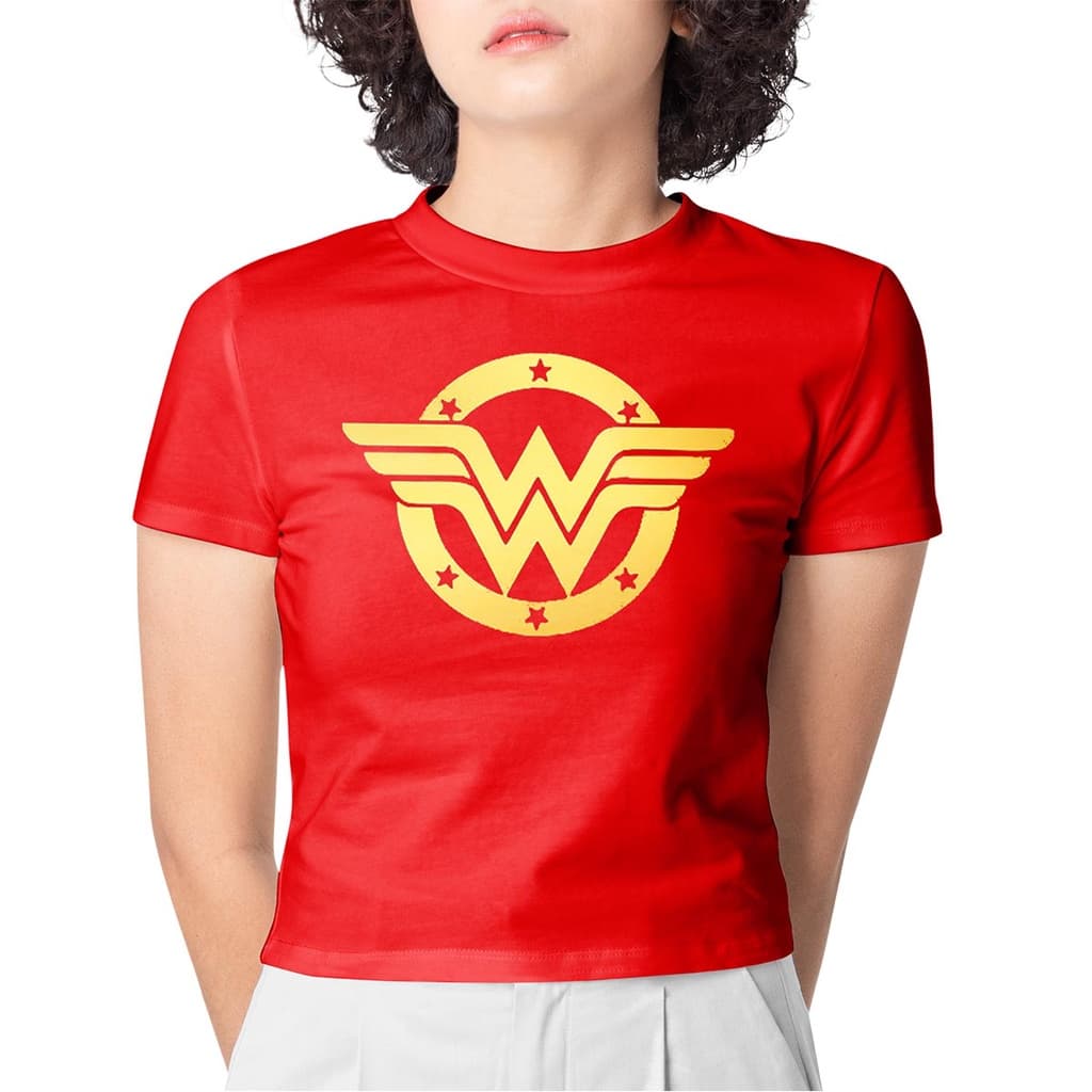 Camiseta Baby Look Vermelha Mulher Maravilha Estampa Dourada