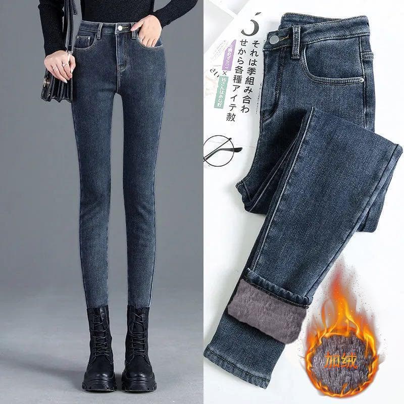 Jeans feminino de cintura alta Forro de velo feminino de cintura ais finoOuter Wear Skinny Stretch Penc