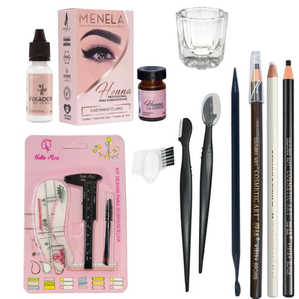 Kit Henna Menela Navalhas Macrilan 3 Lapis Dermatografico Dappen Paquimetro Palito Moldes Pincel