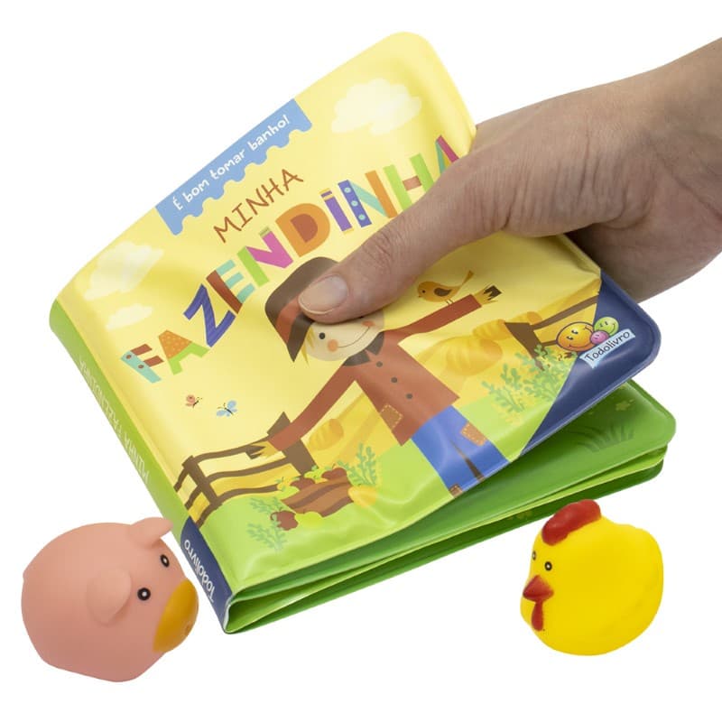 Livro Bebe para Banho - É bom tomar banho - Fazendinha - Todolivro - acompanha porquinho e galinha de borracha