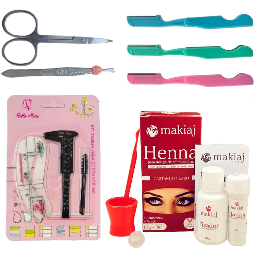 Kit Designer Henna Makiaj Pinca+ Tesoura+ Navalha Paquimetro Pincel Duplo 6 Moldes Sombrancelha rena