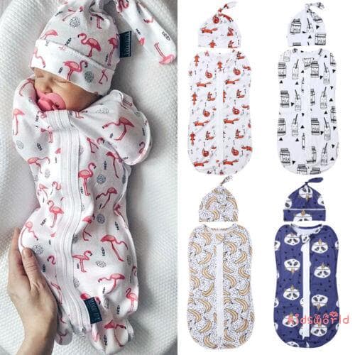 KidsW-Newborn Baby Girls Boys Sacos De Dormir Para Bebês Meninas Desenho Animado Animal Impressão Zíper Swaddle Wrap Blanket + Chapéu