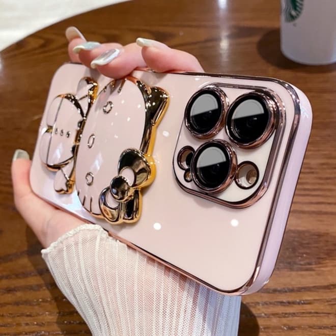 Olá kitty Capa Para Telefone iPhone 6 Mais 6s 7 8 Suporte Embutido xs max xr 11 pro Laser Galvanizado 12 13 Maquiagem Espelho 14 14 Gato Menina