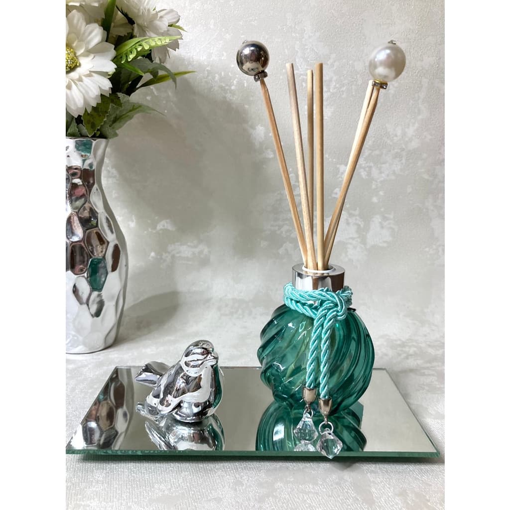 Aromatizador de Ambiente Luxo decoração Difusor Kit lavabo sala Bandeja Luxo Espelhada + passarinho + Vidro