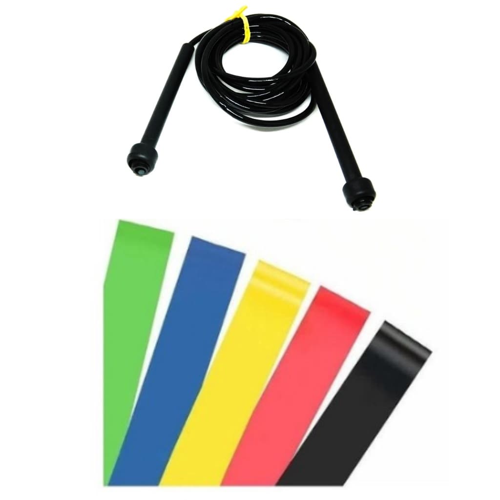 Kit Treino em Casa Corda Pular + 5 Mini Bands Mini Faixas Elásticas