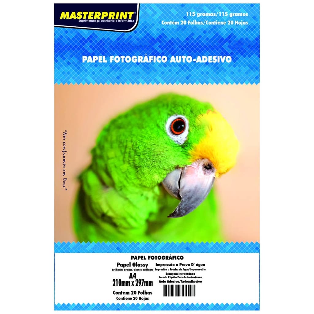 Papel Glossy Adesivo 115g A4 Fotográfico Branco Brilhante Masterprint com 20 folhas