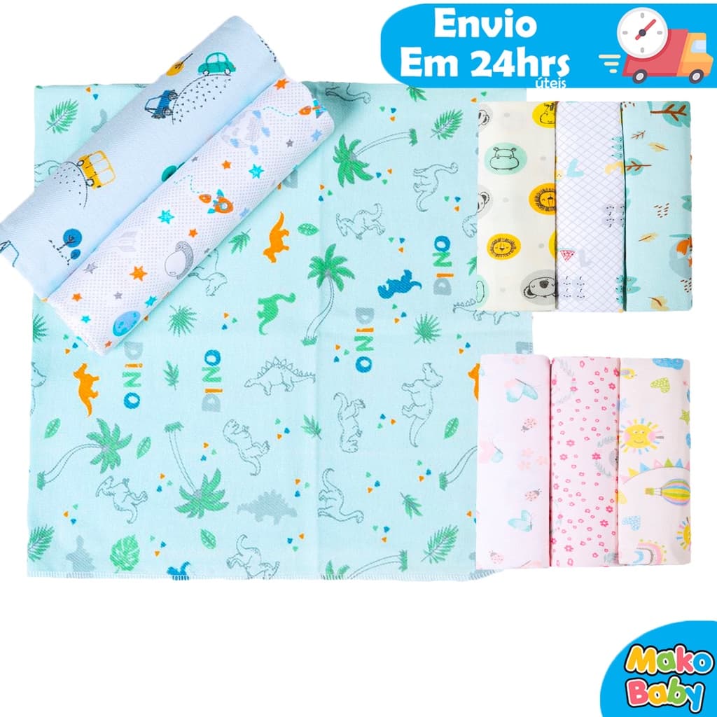 Kit 3 Manta Cueiro Bebe Aconchego Grande Flanelado Estampado 1,0m x 80cm 100% algodão