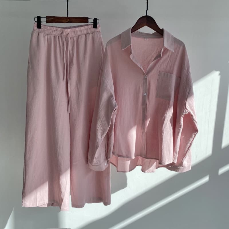 Senhoras Casual Camisa De Algodão De Duas Peças Traje De Cintura Alta Calça Solta