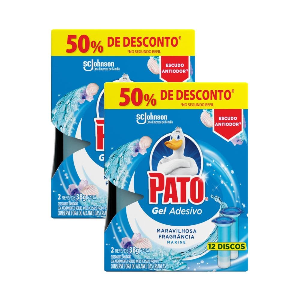 2 packs Desodorizador Sanitário Pato Gel Adesivo Marine 38g com 12 discos cada.
