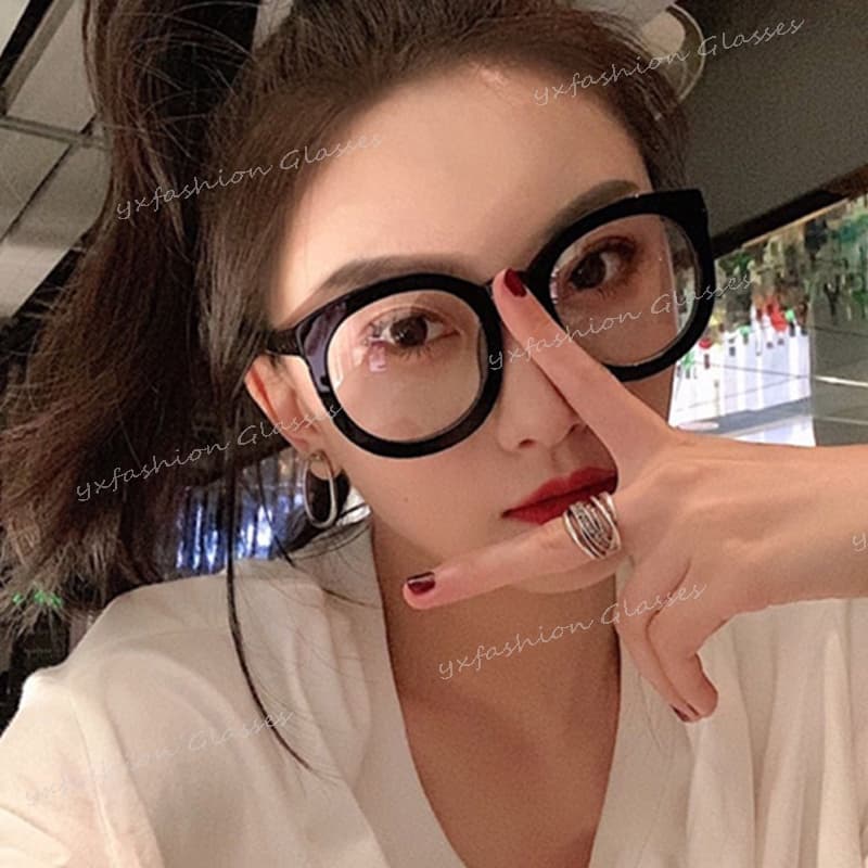 Óculos De Moda Mulheres Armação Redonda Grande Preta Retrô Arroz Oval Prego Selvagem
