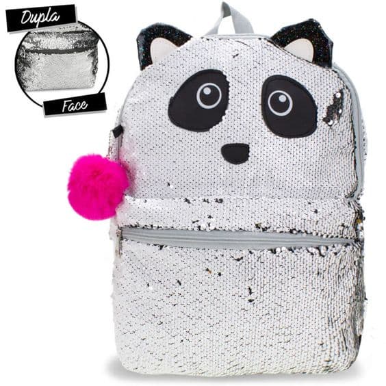 Mochila Costas Paetê Urso Panda Lantejoula Clio Girls