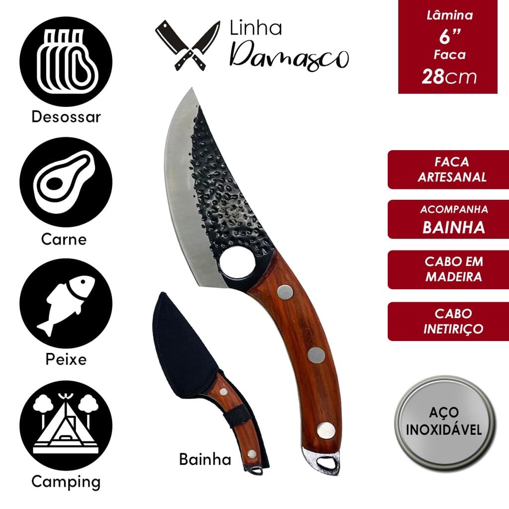 Faca Fulltang Artesanal Damasco 6” 28 cm Cabo Madeira Bainha