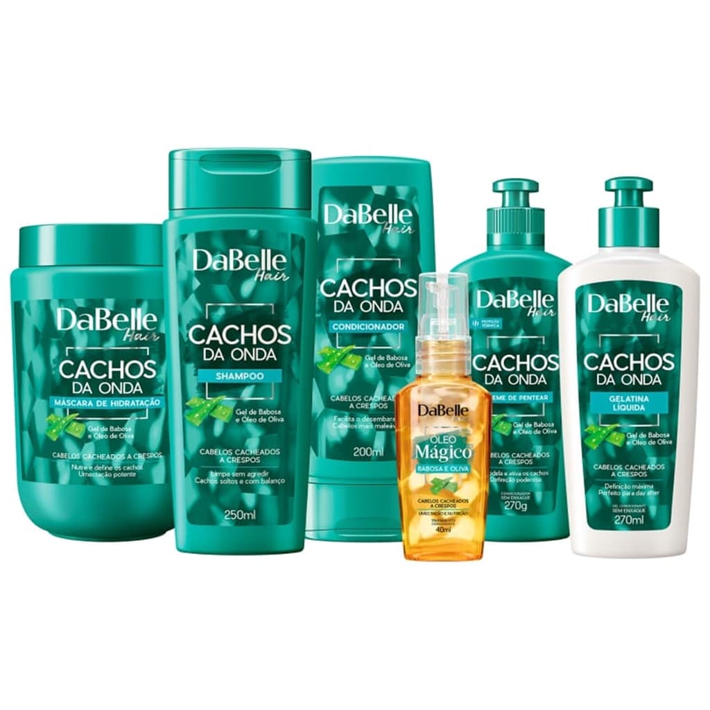 Kit Vegano  Dabelle hair Tratamento Capilar Completo  Finalização e Hidratação Cachos da Onda  - ( SH + COND + CPP + Gelatina Liquida Modeladora+ Mascara Hidratação 800g + Óleo Mágico Oliva e Babosa Finalizador 40ML) - 6 itens