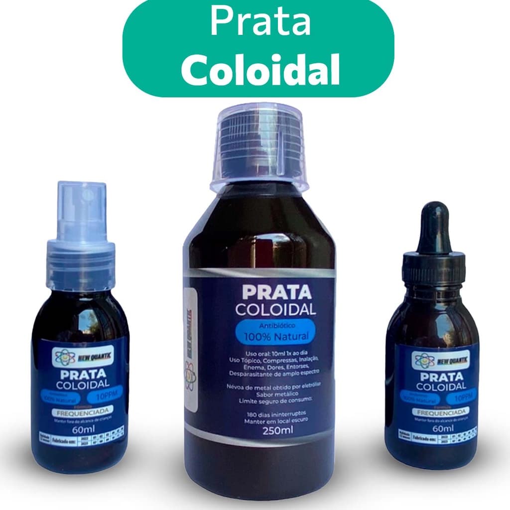 KIT COM 1 ÁGUA DE PRATA COLOIDAL 250ML + 1 ÁGUA DE PRATA  SPRAY 60ML + 1 ÁGUA DE PRATA CONTA GOTAS