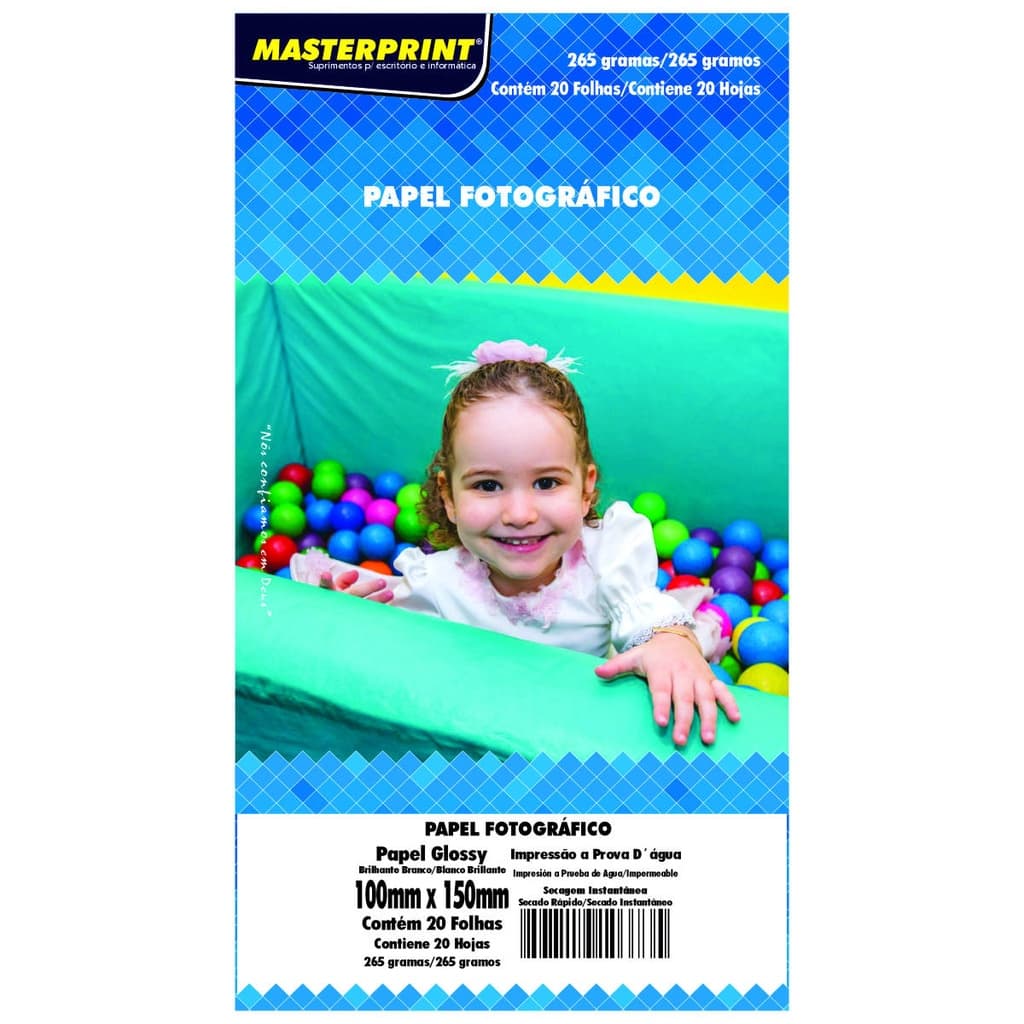 Papel Glossy 10x15 A6 265g Fotográfico Branco Brilhante Masterprint com 20 Folhas