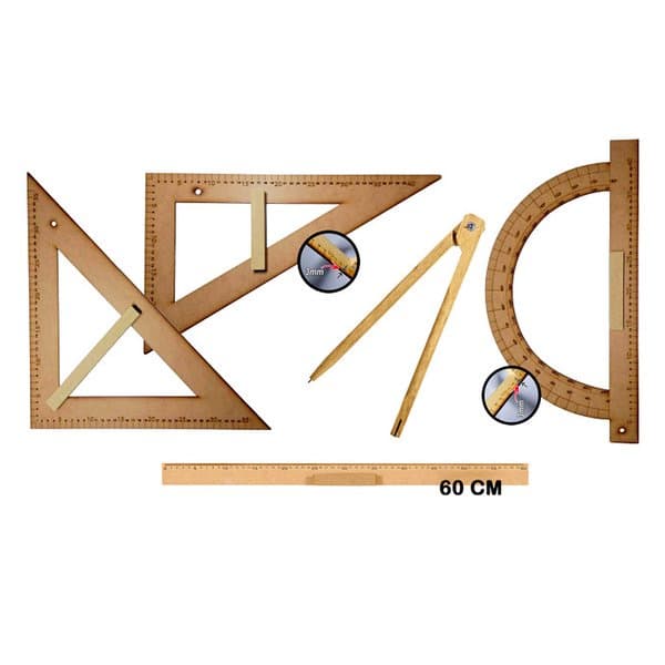 Kit Geométrico Professor Mdf Régua 60 cm Compasso Giz 40 cm, Esquadro 30/60º 45° e Transferidor 180°