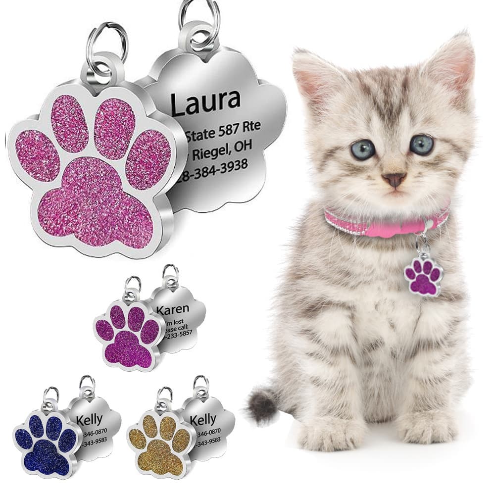 Etiquetas Personalizadas De Cachorro Gato Gravada Cão Pet Nome Coleira Pingente Acessórios Para Animais De Estimação De Pata Glitter Pendant