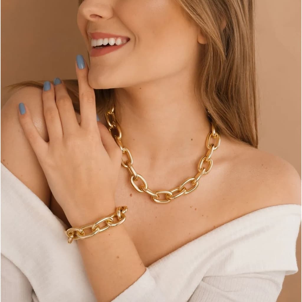Kit Conjunto Colar e Pulseira Corrente Elo Grosso Folheado Ouro 18k Dourado Prata Gargantilha Moda Tendência
