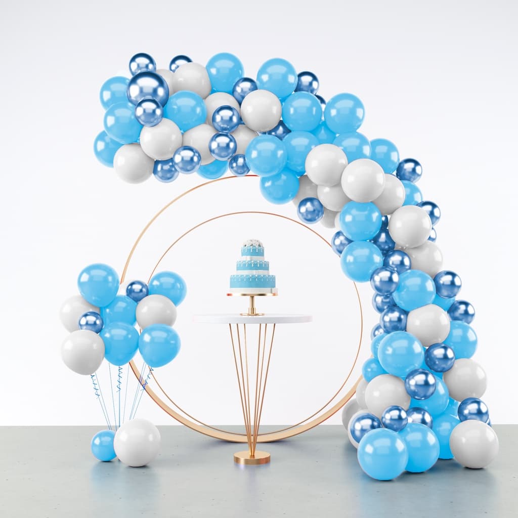 Kit 125 Balões Azul Claro + Branco + Azul Metalizado - Balão Bexiga Liso/Cromado Para Festas e Aniversários