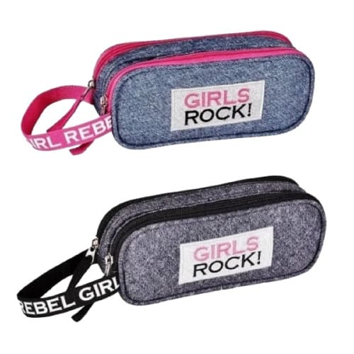 Estojo bolsinha escolar Jeans Girls Rock duplo escolar
