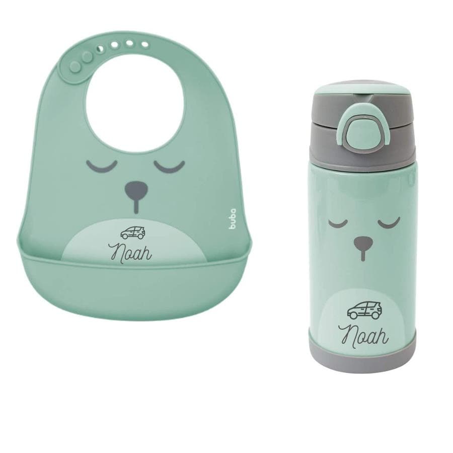 Babador De Silicone + Garrafa Termica Personalizada Buba Verde