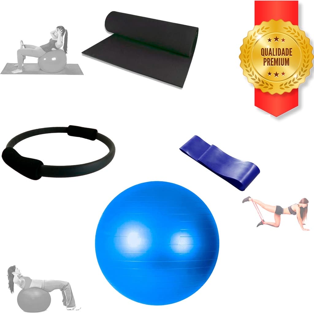 Kit Pilates Solo Bola 65cm De Pilates, Anel Tonificador standart, Tapete yoga pilates 1,20 E Faixa Mini Band média