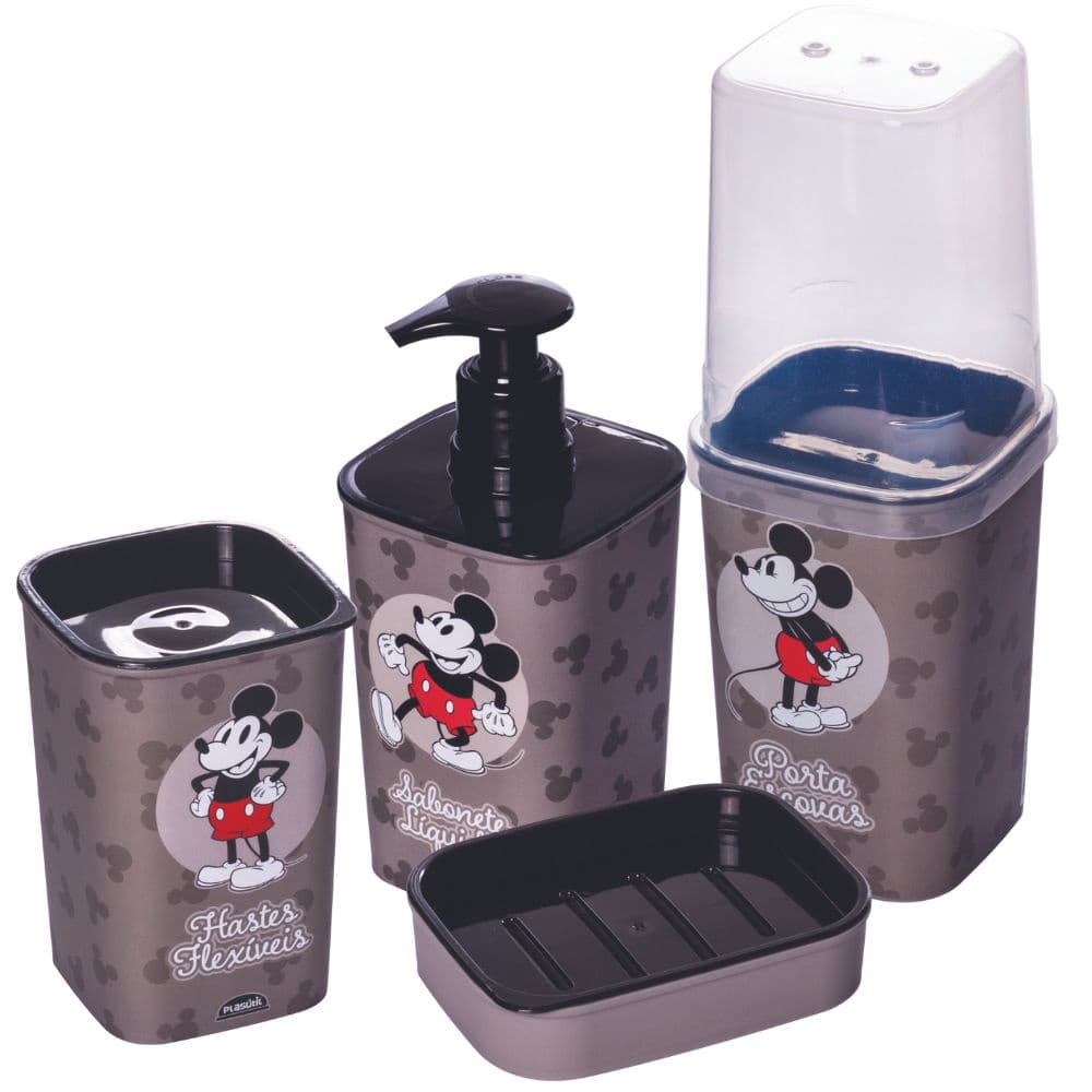 Kit de banheiro Mickey porta escovas + porta cotonete + porta sabonete líquido + saboneteira Plasutil
