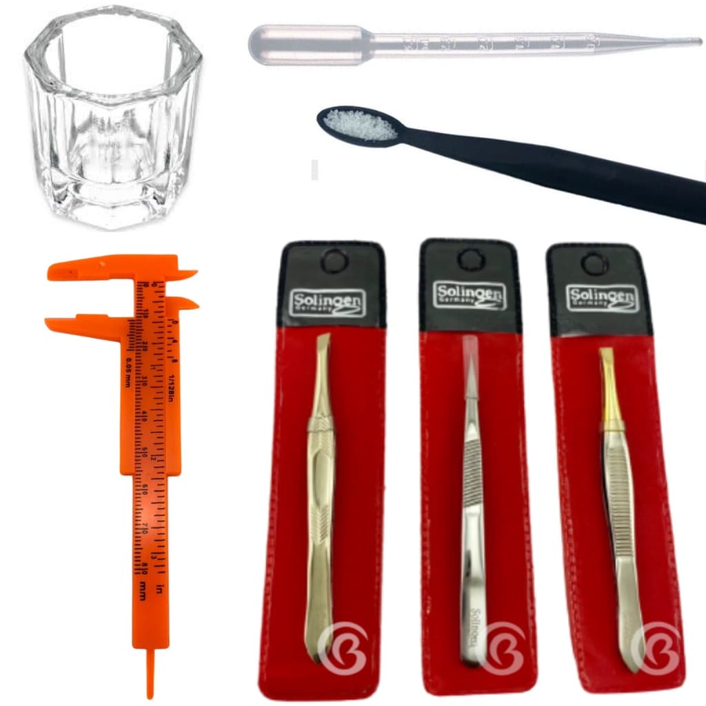 Kit Design Sobrancelha 3 Pinças Solingen Profissional +Dappen + Palito Medidor + Pipeta + Paquimetro