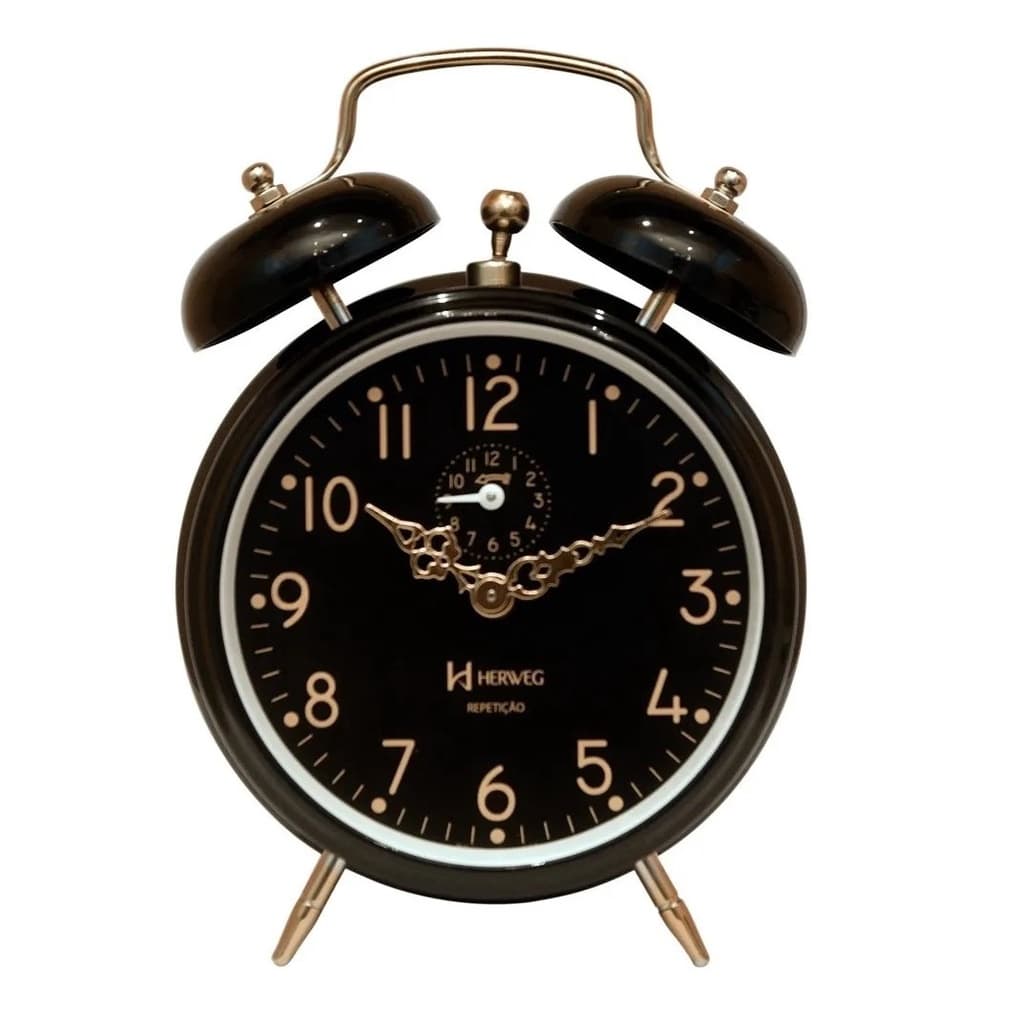 Relógio Despertador a Corda Herweg Retrô Preto Dourado 2385
