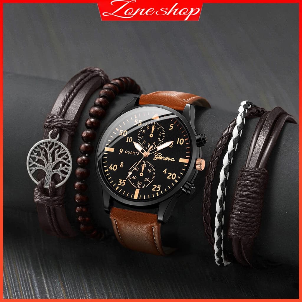 Relógios Masculinos Genebra Relógio Casual De Couro Quartzo 4Pcs Conjunto De Pulseiras Vintage