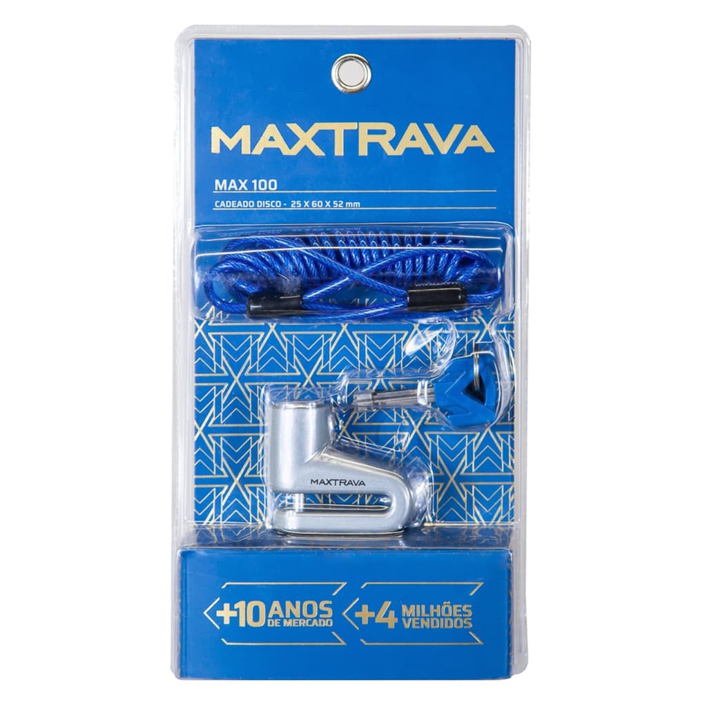 Cadeado de disco moto c/ cabo lembrete para bolsa - pino 5.5 MM PRETO MAX100 - MAXTRAVA