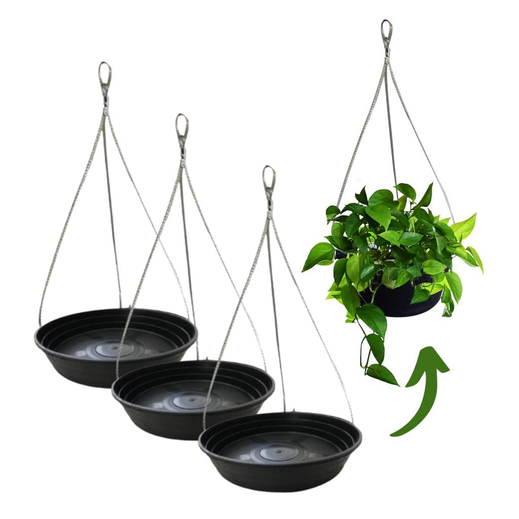 Kit 3 Suporte Suspenso P/ Pendurar Vaso E Planta Grande - Prato De Plástico 26 cm + Cabo de Aço Pendente de Vasos 64cm