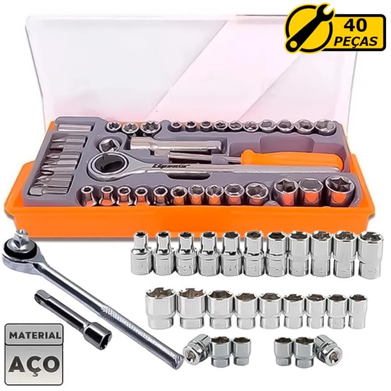 Kit Jogo Chave Catraca Reversível Soquetes E Bits Fenda Philips 40 Peças Com Estojo Uso Profissional