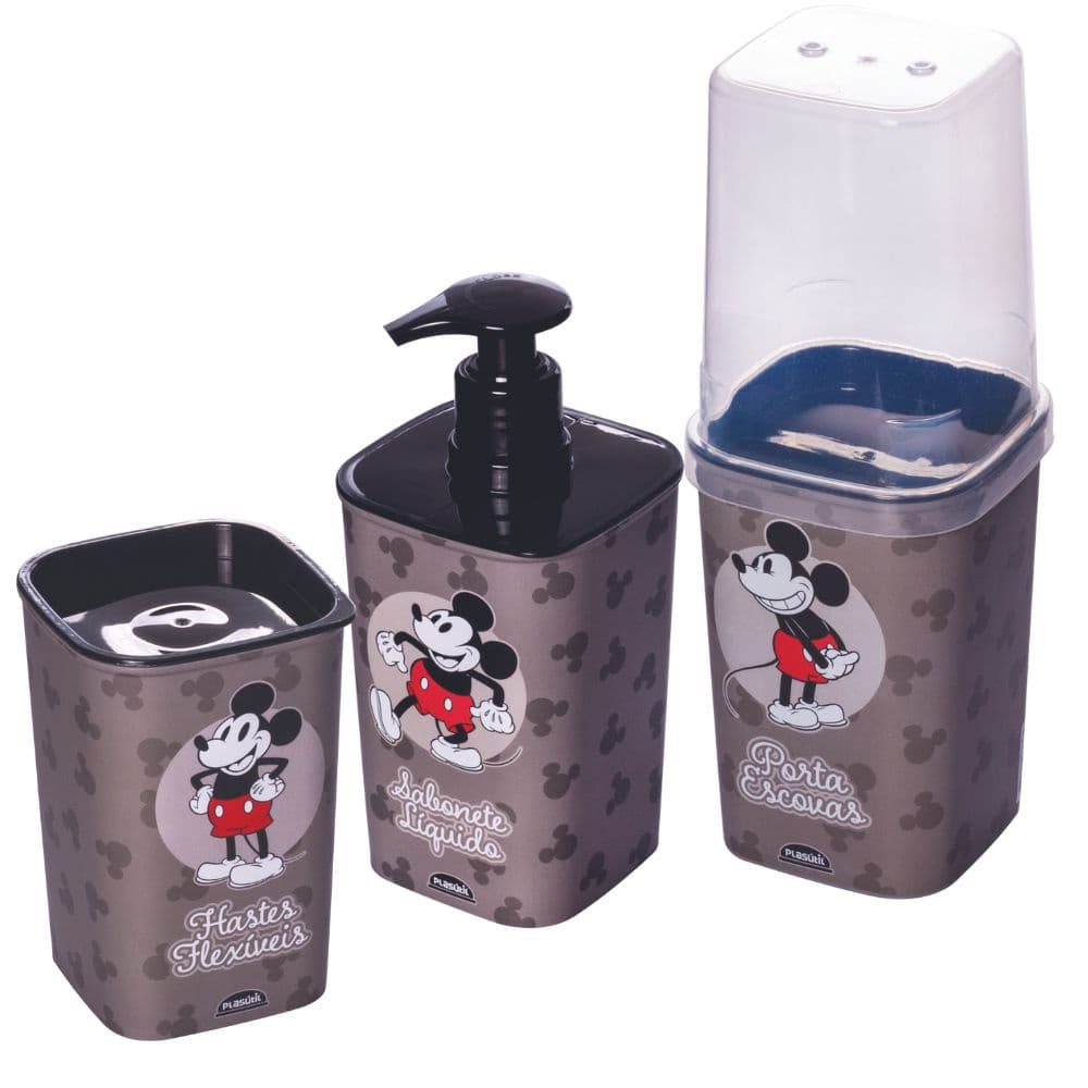Kit de banheiro Mickey porta escovas + porta cotonete + porta sabonete líquido Plasutil