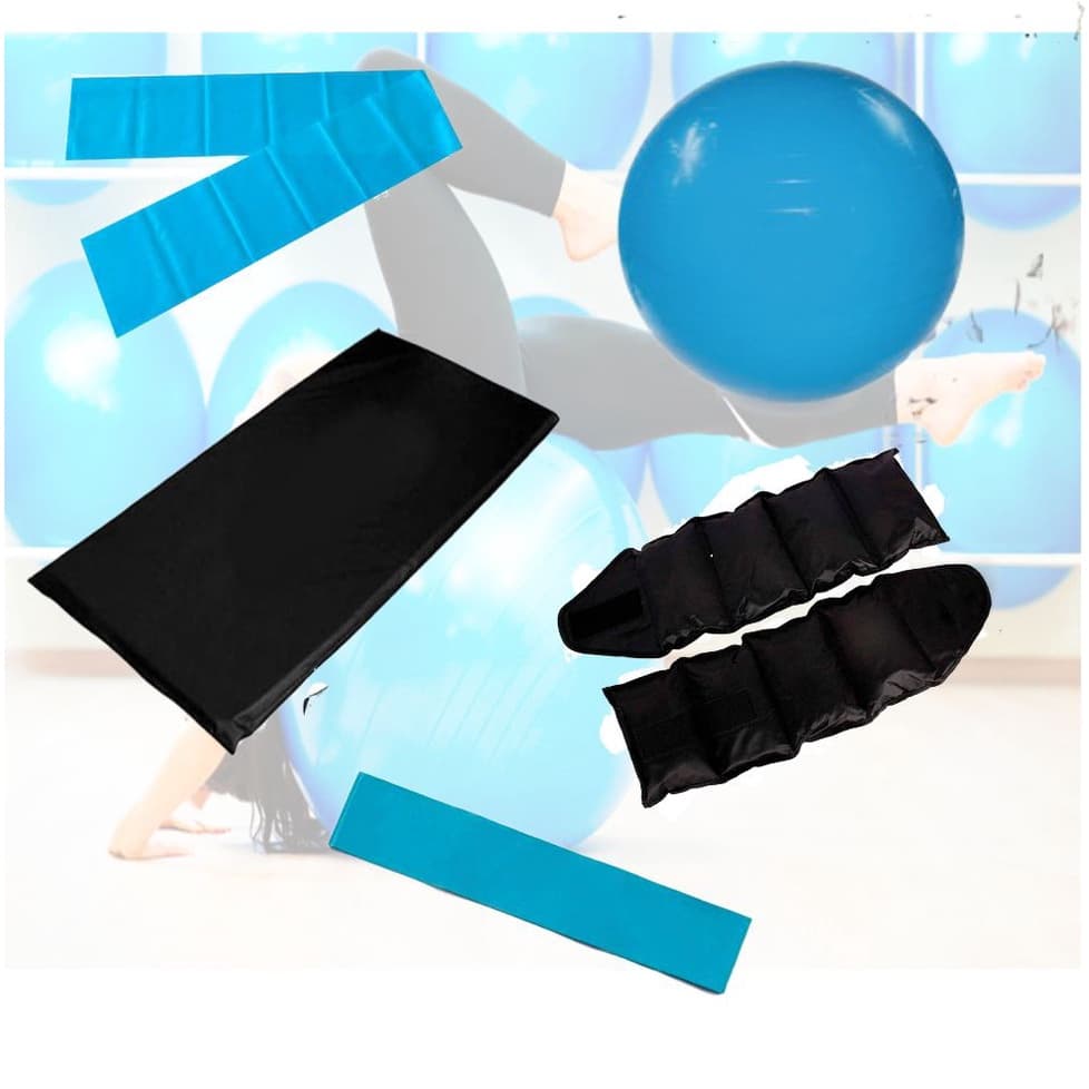 Kit Pilates Colchonete + Faixa Elástica Média  + Mini Band Média + Bola Suiça 65 + Caneleira 2 kg