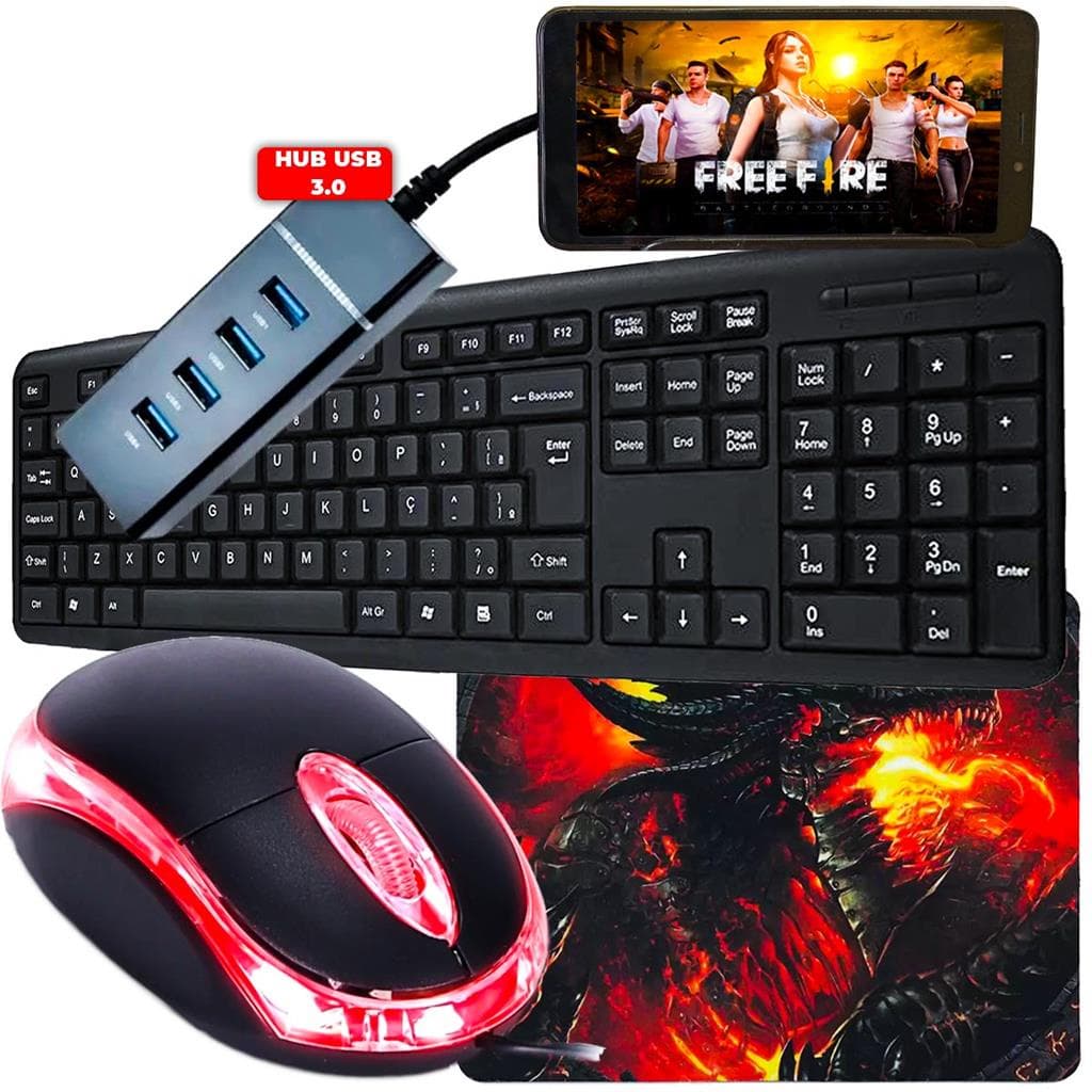 Kit Gamer Mobilador de Celular Com HUB 3.0 + Teclado + Mouse Optico