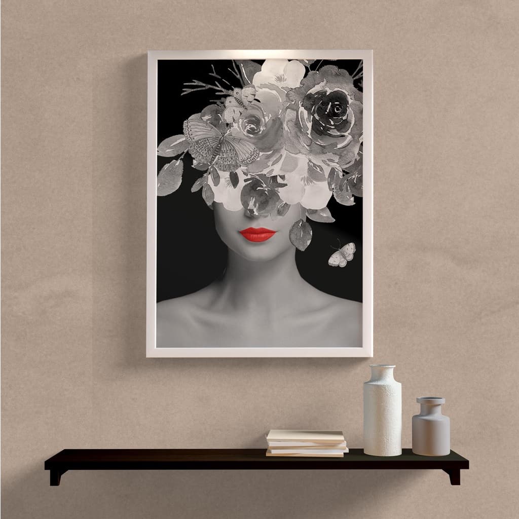Quadro Decorativo Mulher Batom Vermelho 20x30 preto e branco